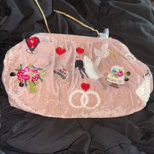Embroidered wedding Velvet Clutch or shoulder  beaded Bag - Pink
